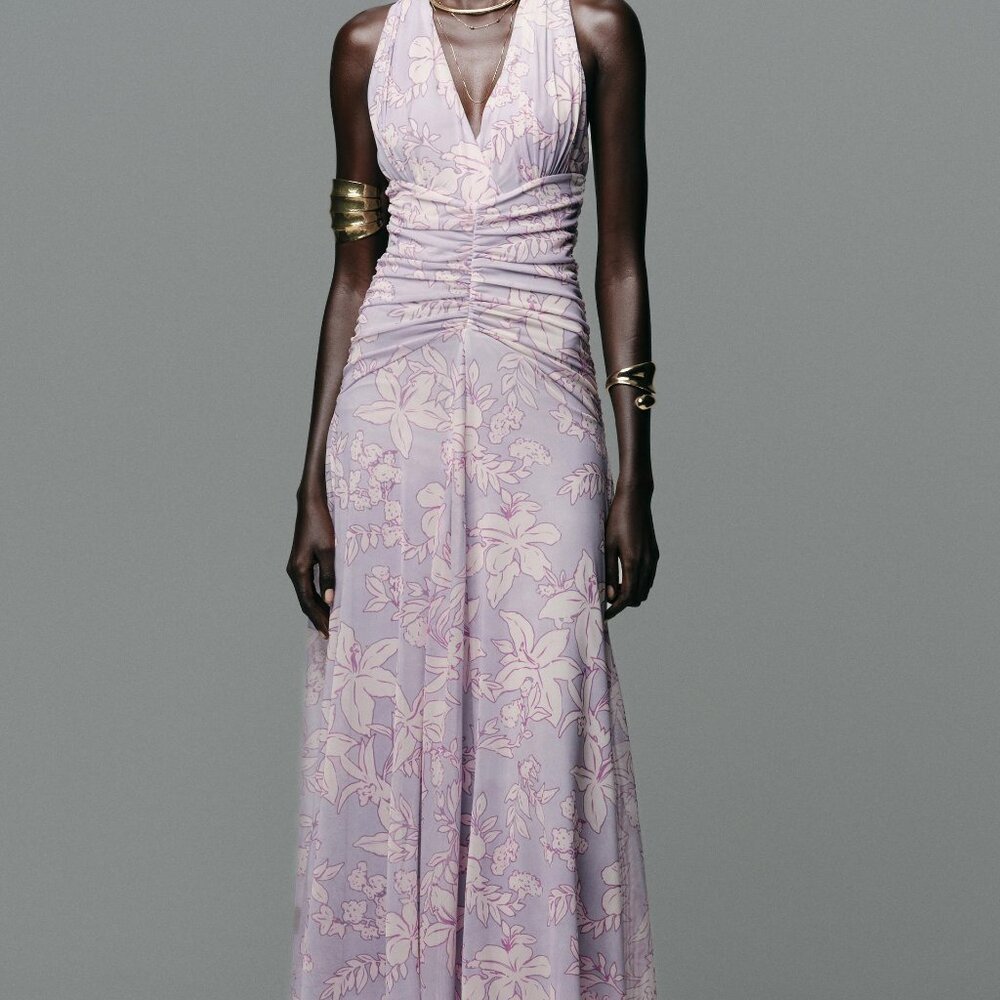 Lilac Floral Printed V-Neck Halter Tulle Maxi Dress Zara 5039/144/629